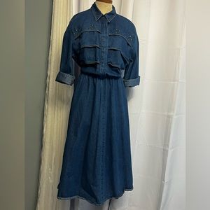 Vintage Elegant Women's Denim Prairie/western Dress  Studded Pullover SZ 14